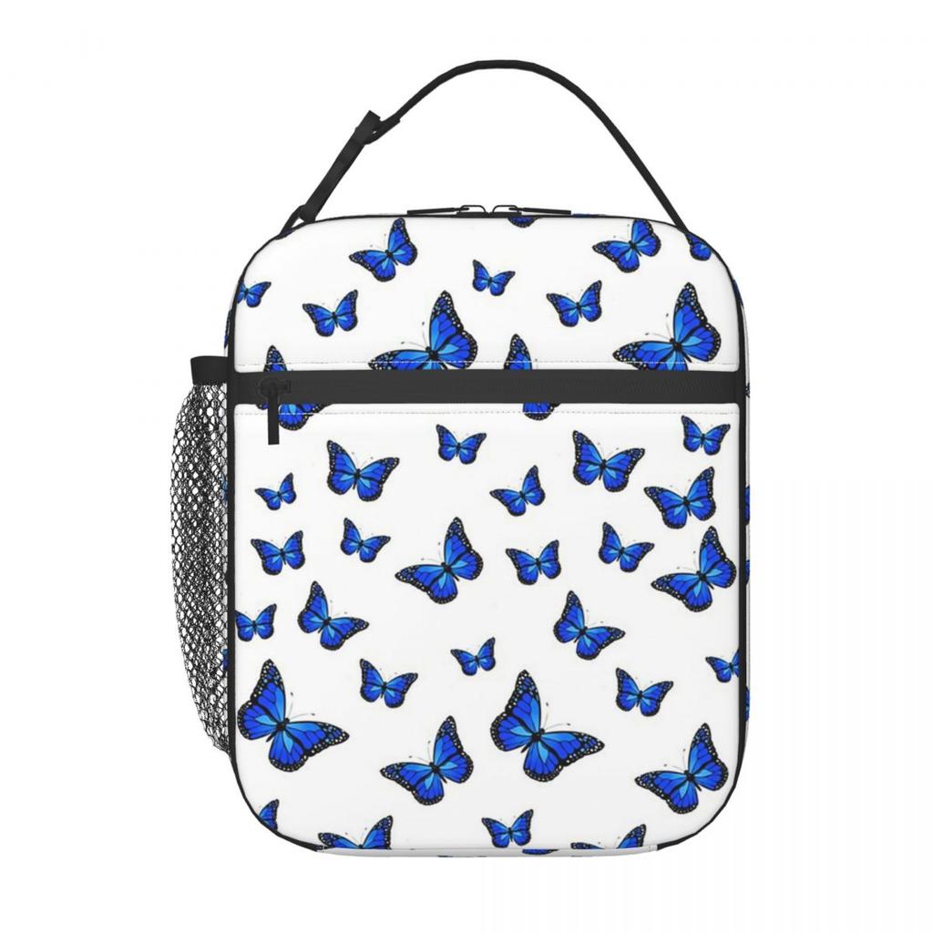 Blue Butterfly Pattern Insulated Lunch Bag for Kids School Cooler Thermal Food Box Tote Portable Lunch Boxes Container