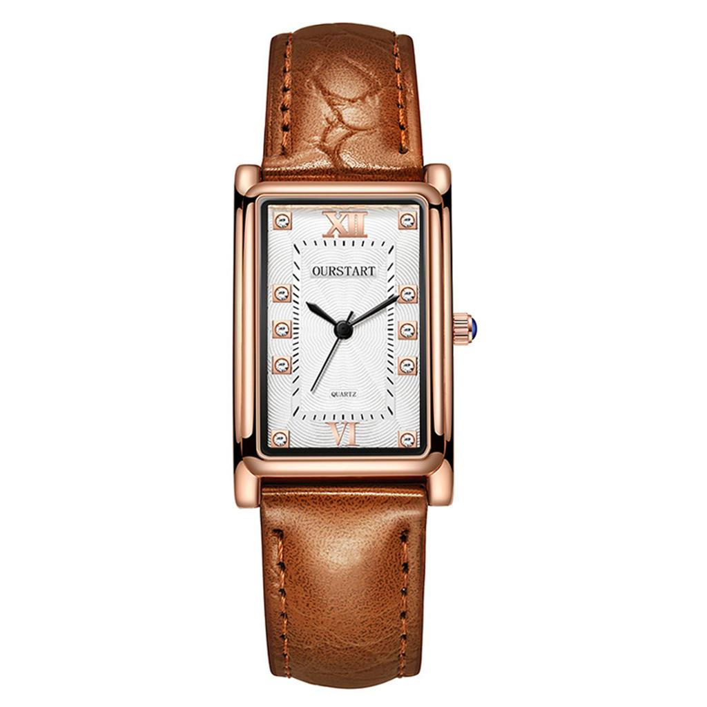 OURSTART Men Square Quartz Watch with Rhinestone Markers Genuine Leather Strap Stainless Steel Case Water Resistant Wristwatch