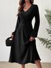 Elegant V-Neck Long Sleeve Lantern Dress - Solid Color Waist-Cinched Mid-Length Skirt for Spring