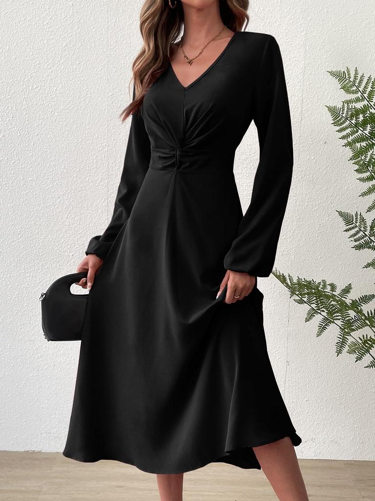 Elegant V-Neck Long Sleeve Lantern Dress - Solid Color Waist-Cinched Mid-Length Skirt for Spring