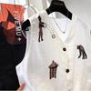 Women Cartoon Character And Animal Embroidered V Neck Button Front Linen Blend Sleeveless Vest