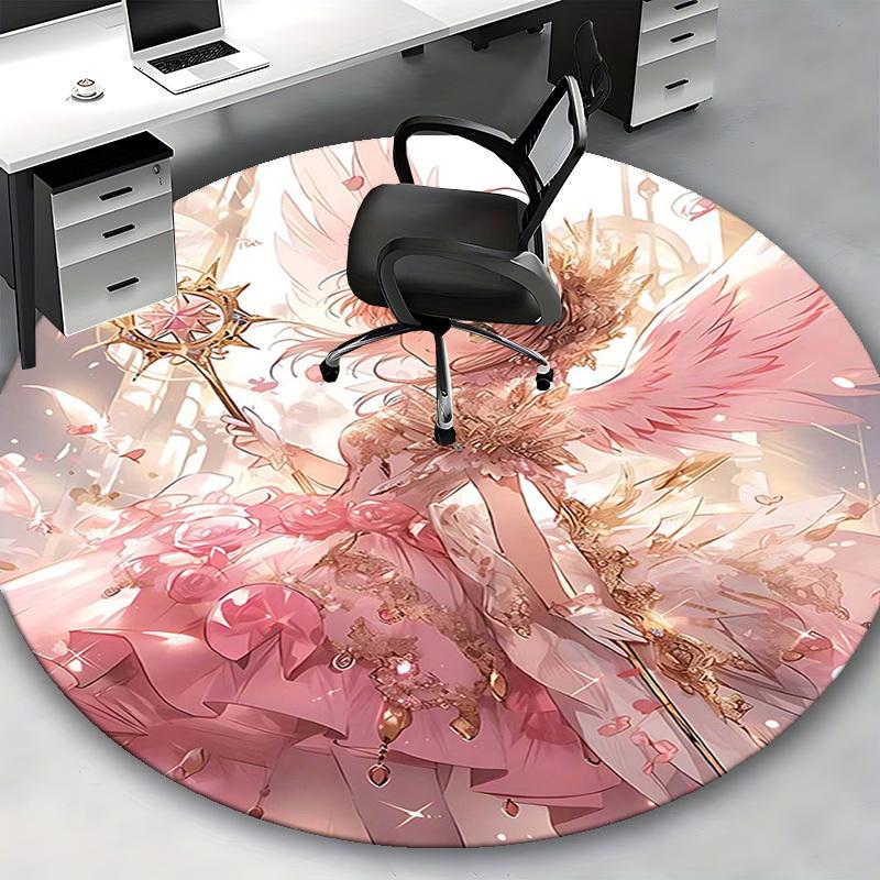 1ks Růžová andělská hůlka Kulatý koberec Anime design Podložka na kancelářskou židli, Protiskluzový koberec pro domácí dekoraci, Dárek, Kancelář, Obývací pokoj, Ložnice