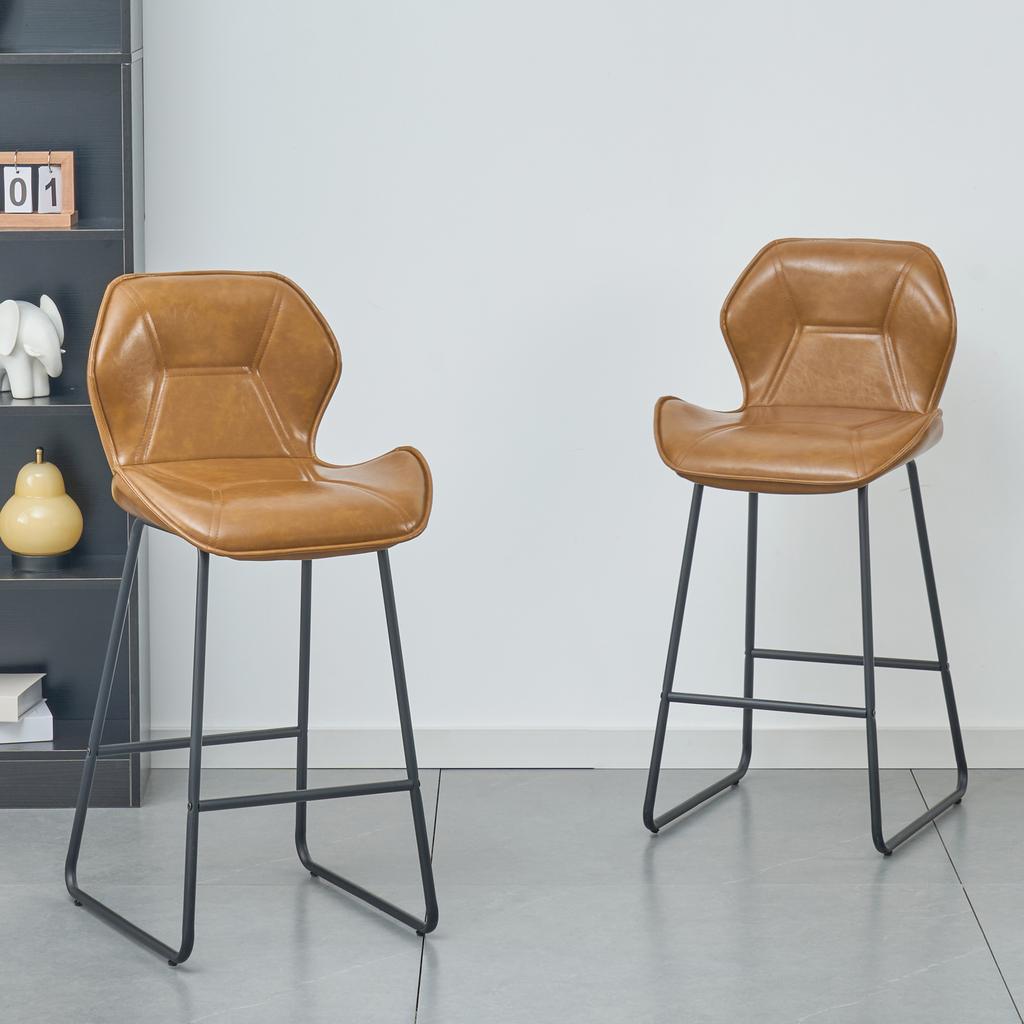 Set of 2 Bar Stools of Faux Leather, Bar Chairs with Backrest, Metal Frame and Footrest, for Kitchen, Counter, Home Bar and Dining Area,Cognac Brown