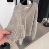 Gray v-neck long-sleeved sweater knitted sweater light luxury women's autumn fashion lazy soft waxy sweater