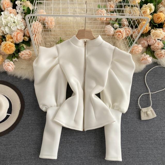 

Сексуальная многоцветная блузка с воротником, женская с длинными рукавами-фонариками и рюшами, тонкая хлопковая рубашка, уличная одежда, женская весна-осень, модная новинка One Size белый