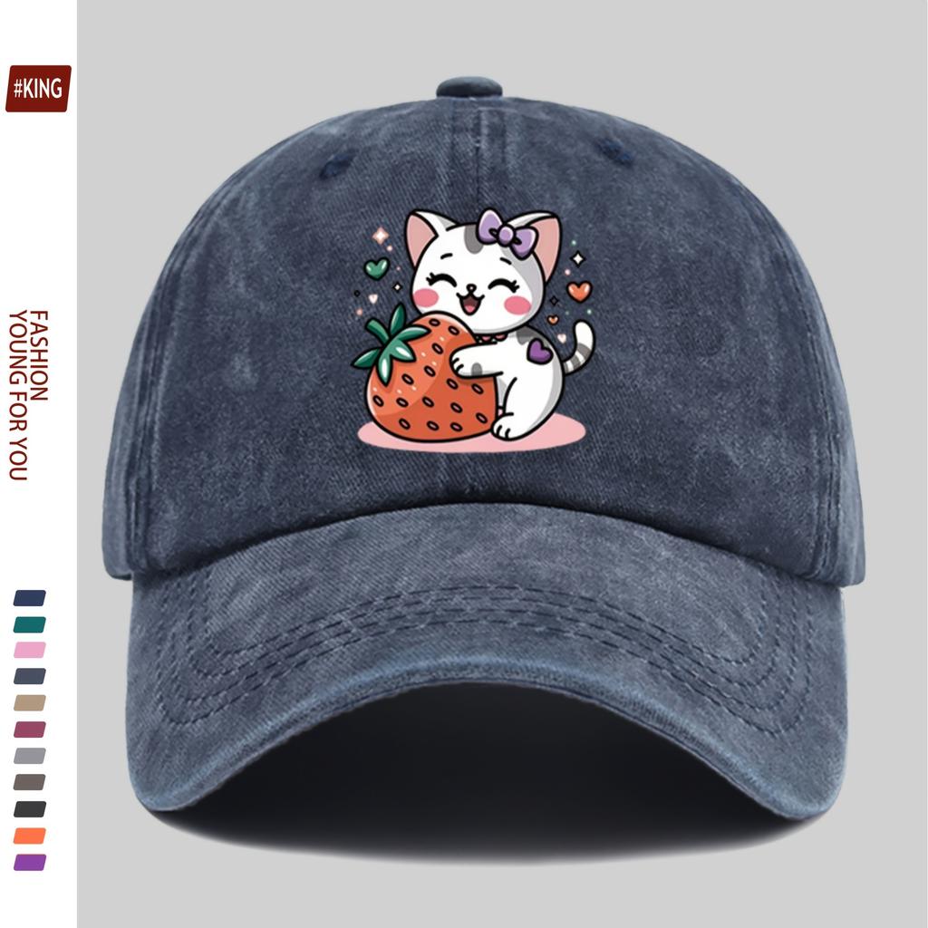 Cute Kitten Strawberry Graphic Washed Baseball Cap Denim Casual Adjustable Outdoor Dad Hat