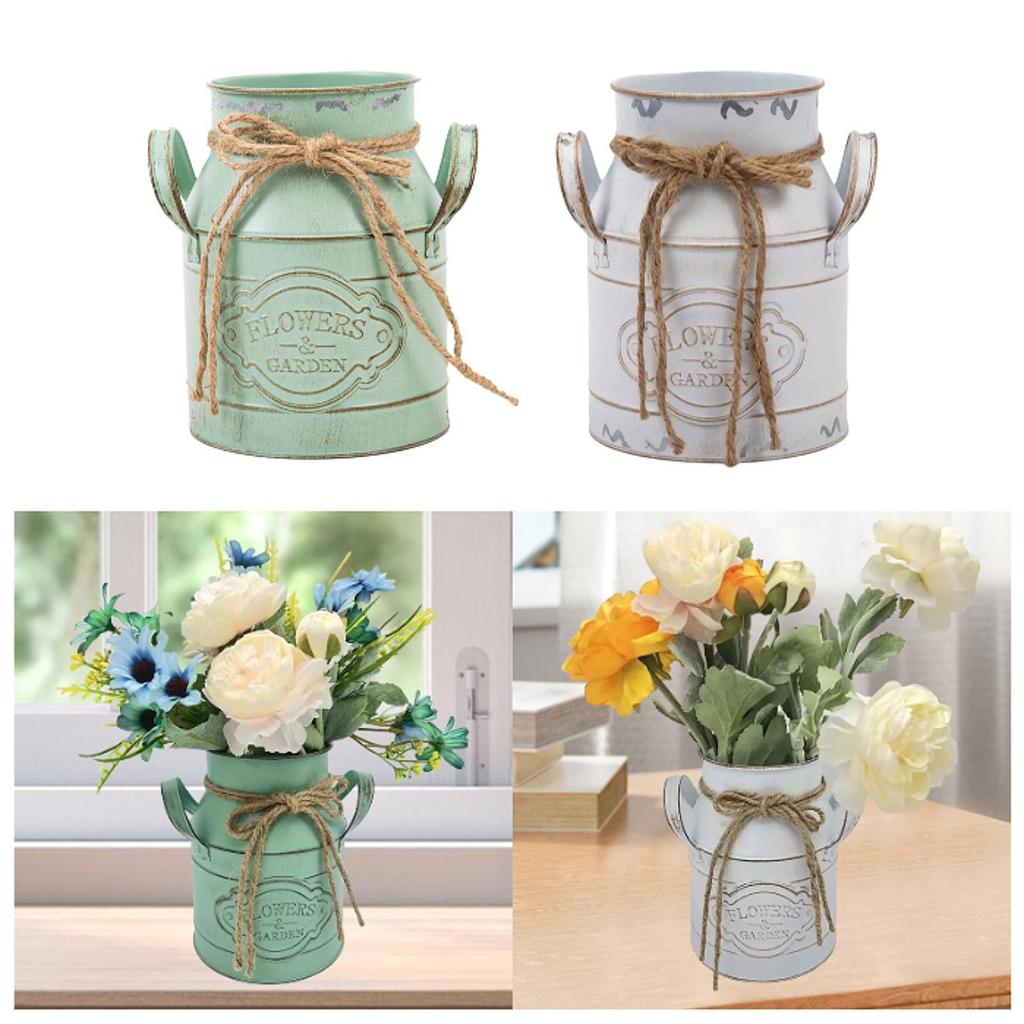 Rustic French Country Jug Vintage Metal Bucket Milk Can with Handle Shabby Chic Vase for Garden Office Wedding Country Decor