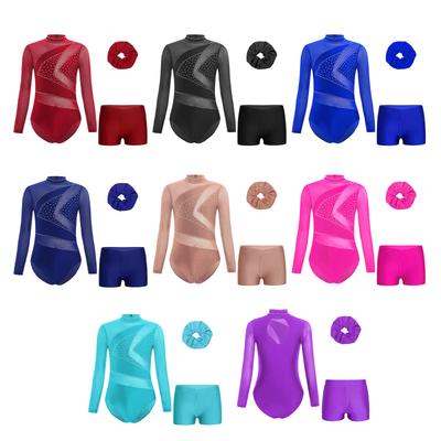 Mädchen Turnen Eiskunstlauf Leotard Netz Langarm Cut-out Rücken Glitzernde Strasssteine Shorts Haarreif