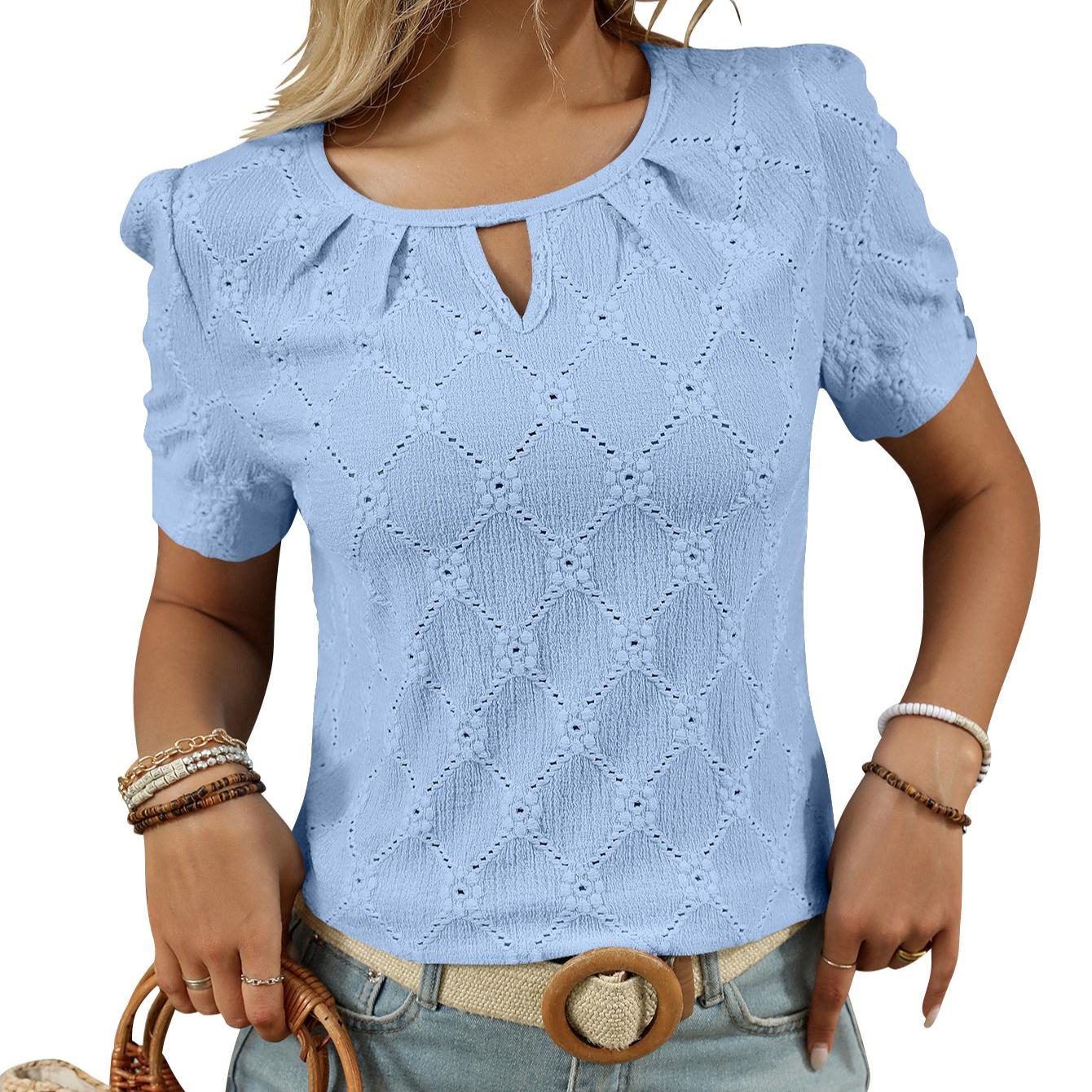 

2025 Весна/Лето Новая однотонная футболка с круглым вырезом и коротким рукавом на пуговицах с открытыми плечами M синий