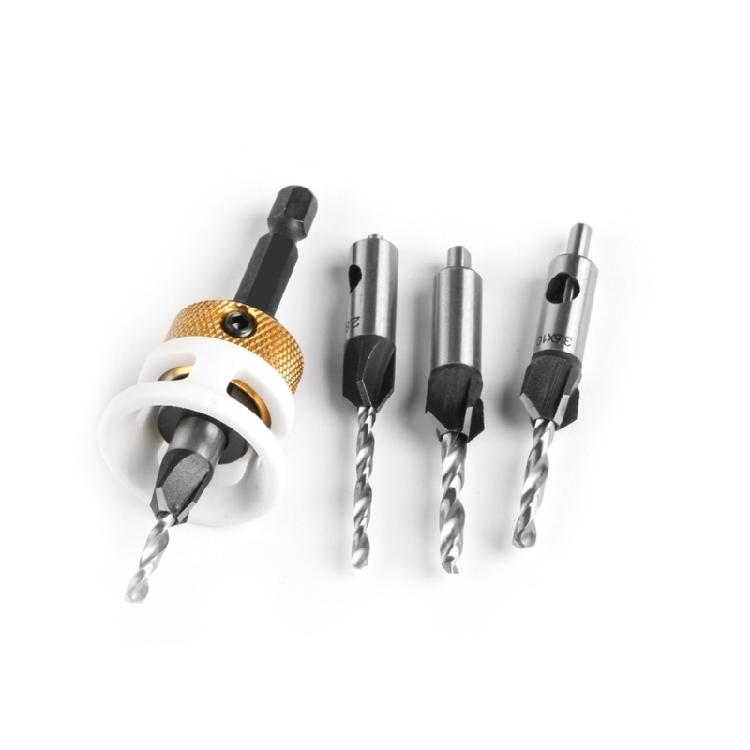 Professional Woodworking 4 Sizes Countersink Drill Bits 2.8/3.2/3.5/4mm with Low Friction Depth Stop for Smooth Boring