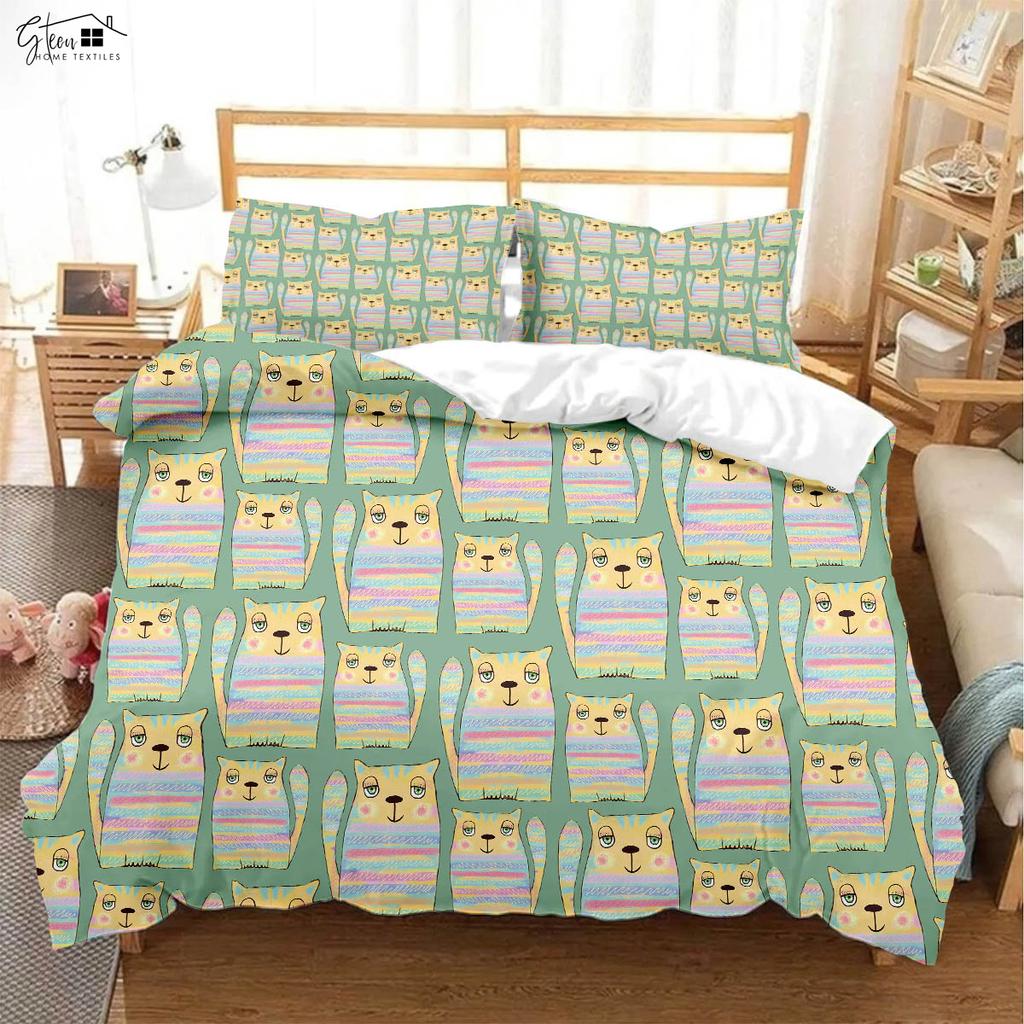 Cute Cartoon Cat Printed Quilt Cover Bedding Set 100% Polyester Duvet Cover Pillowcase Three-Piece Set