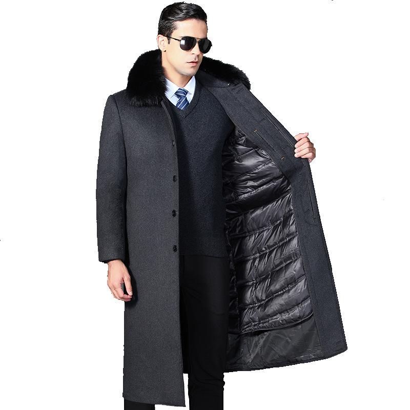 Men's Winter Wool Overcoat with Real Fur Collar and Detachable Liner - Knee-Length Jacket for Middle-Aged and Elderly