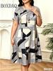 Geometric Design Pattern Print Women Dress Summer Fashion High Quality Casual Short Sleeve Round Neck Loose Home Dress Plus Size