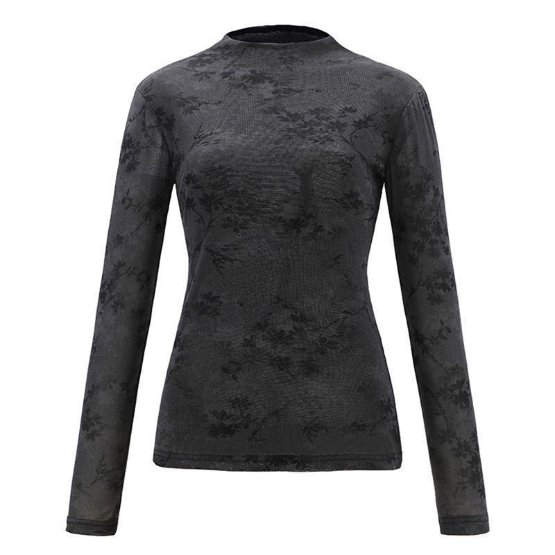 High-necked new fashion T-shirt mesh long-sleeved printed top, foreign style and thin slim-fitting elastic shirt as a base