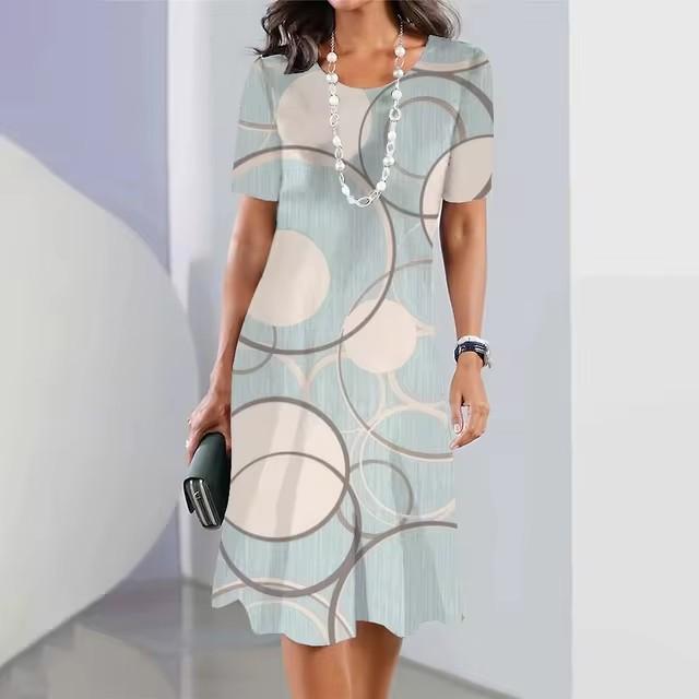 Women Round Neck Short Sleeve 3d Print T-shirt Dress Midi Length Summer Beach Wear