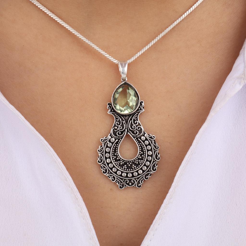 Green Amethyst Gemstone 925 Sterling Unique Pendant 1.8" Women Jewelry For Anniversary Gift CP-45-15