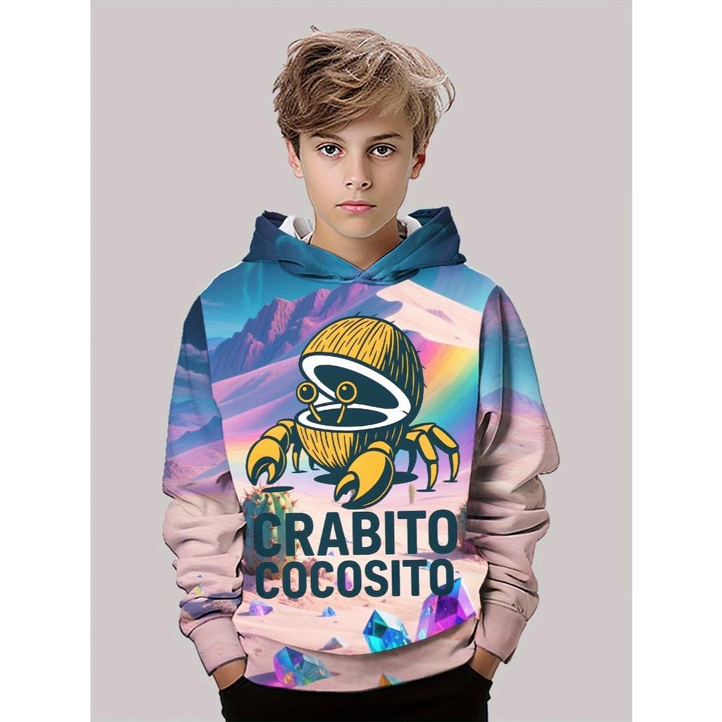 Boy's Crab and Coconut Pattern Hoodie - Long Sleeve Hoodie, Daily and Beach Travel, Bright Print, Soft Material, Children's Fashion