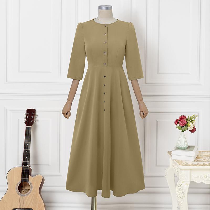 

ZANZEA Women Elegant Casual Round Neck Solid Color 3/4 Sleeve Long Dress 5XL хакі