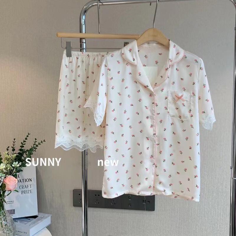 

Пижама из ледяного шелка женская летняя с короткими рукавами, милый и симпатичный цветочный тонкий комплект для дома 2XL