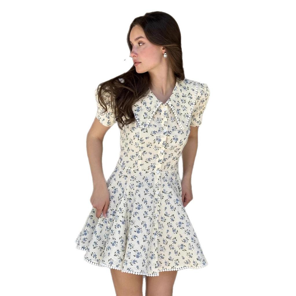 Blumen-Kurzarmkleid Europäischer und Amerikanischer Sommer Neues Temperament Figurbetont Süßes Puppenkragen Einreiher Rock
