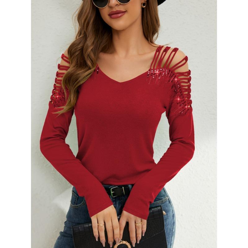 Women's New Fashion Lace Splicing Heavy Iron Drill V-neck Empty Long-sleeved T-shirt
