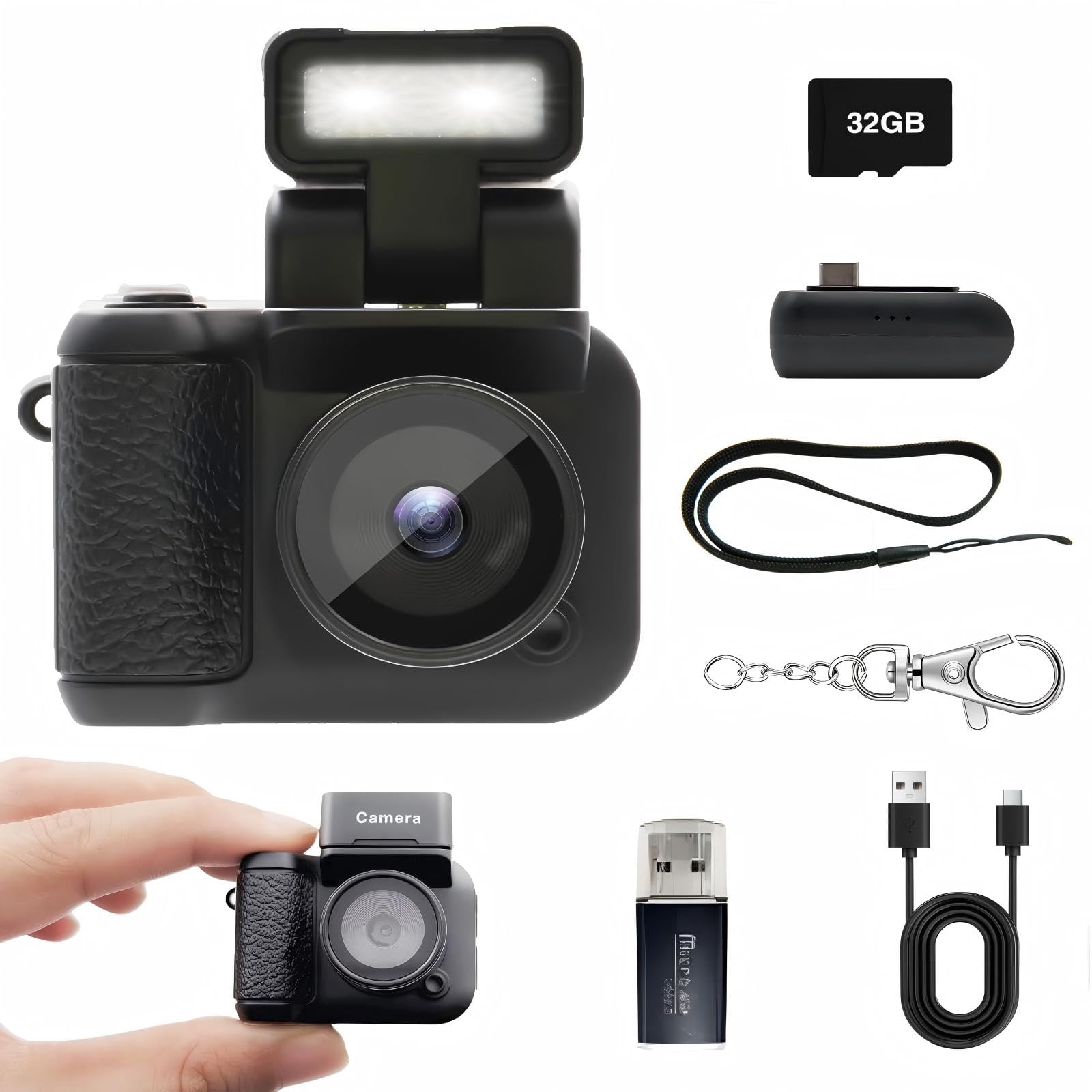

SRVR Digital Toy Camera Mini Camera 1080P 1.44-inch Screen Rechargeable Type-C 32GB Card Included for School Trips Students Beginners