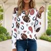 Women Plus Size Half Zip Round Neck Long Sleeve White Football Printed T Shirt