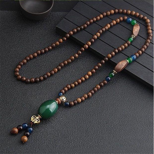 Unisex Retro Ethnic Wooden Necklace Pendant - Versatile Long Sweater Chain and Clothing Accessory
