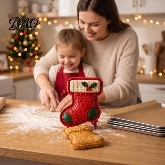 Kitchen Baking Supplies Christmas Cookie Cutter, Push Type Integrated Mold, Plastic Biscuit Cutters Clay Decorating Tool for Holiday Santa Claus Press