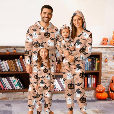 Halloween Printed Family Matching Hooded Long Sleeved Zippered Hooded  Jumpsuit Set