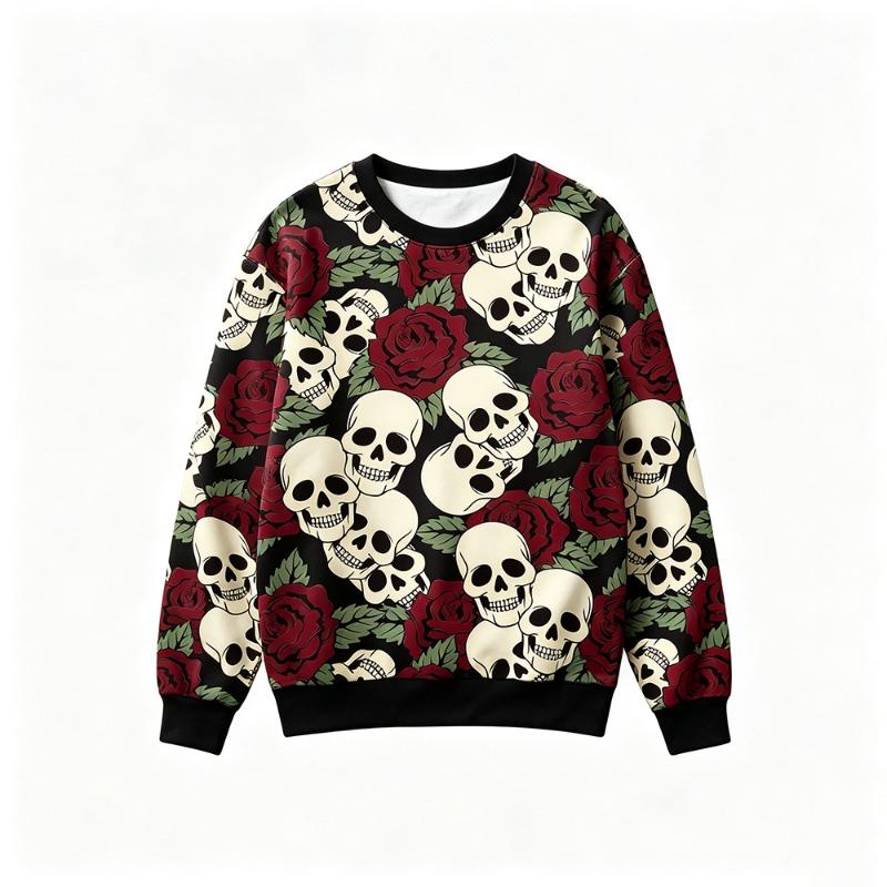 Gothic Style Skeleton Rose Print Sweatshirt Men's Retro Casual Crew Neck Pullover Clothes Harajuku Hip‑hop Street Fashion Tops