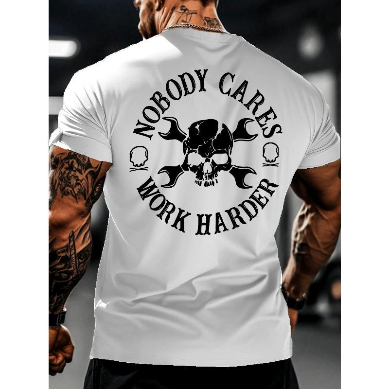 Мужская новая спортивная повседневная футболка Весна/Лето - Легкая и удобная, с графикой  НИКТО НЕ ЗАБОТИТСЯ, РАБОТАЙ УСЕРДНЕЕ  Череп со гаечным ключом, Удобная для занятий спортом S