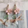 Sweet Romantic Pink Flower Leaves Earrings Women'S Long Tassel Drop Earrings Elegant Holiday Party Gift Accessories