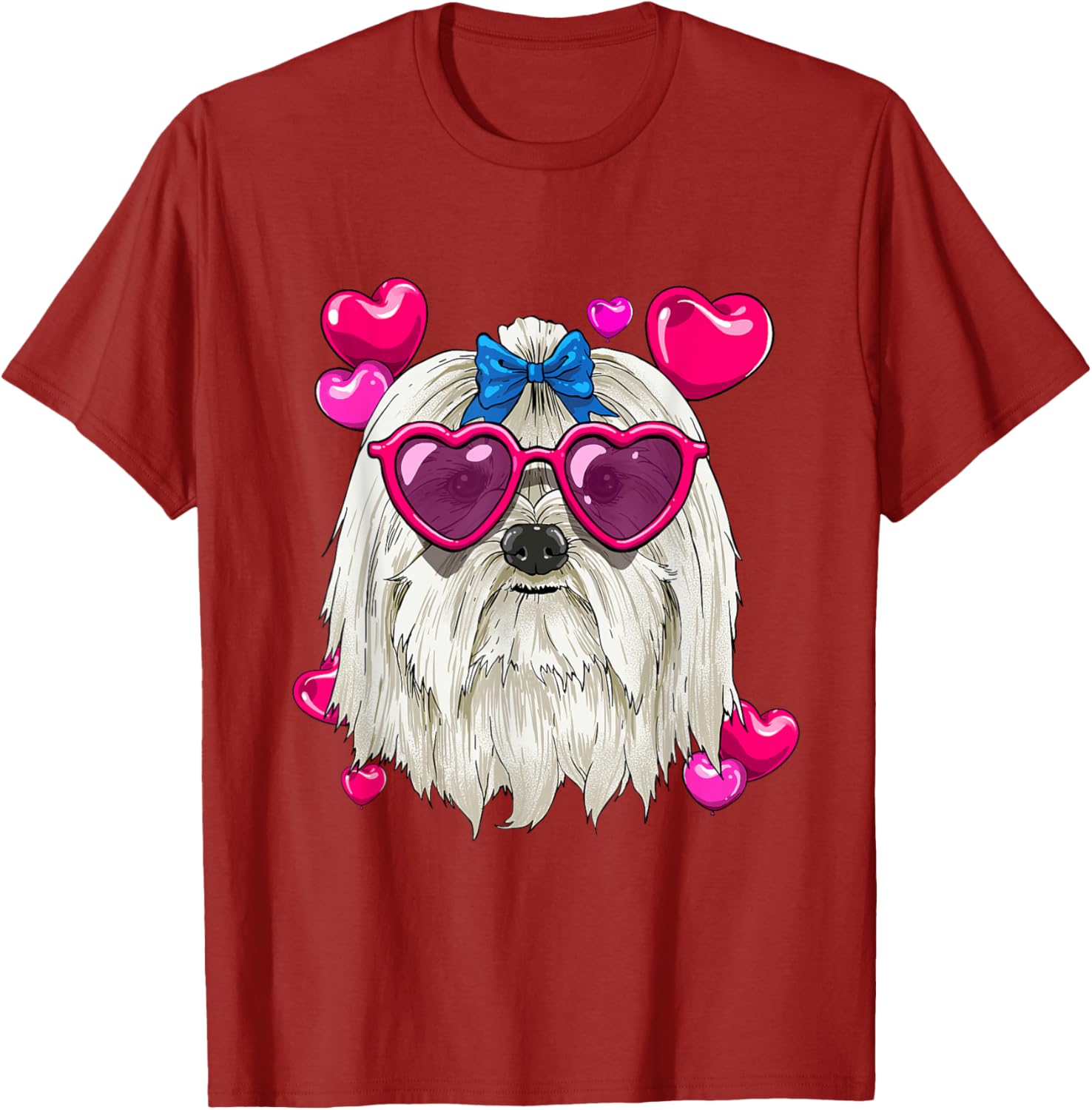 Maltese Dog Lover Valentines Day Heart Sunglasses Graphic T-Shirt Casual Cotton Tee S