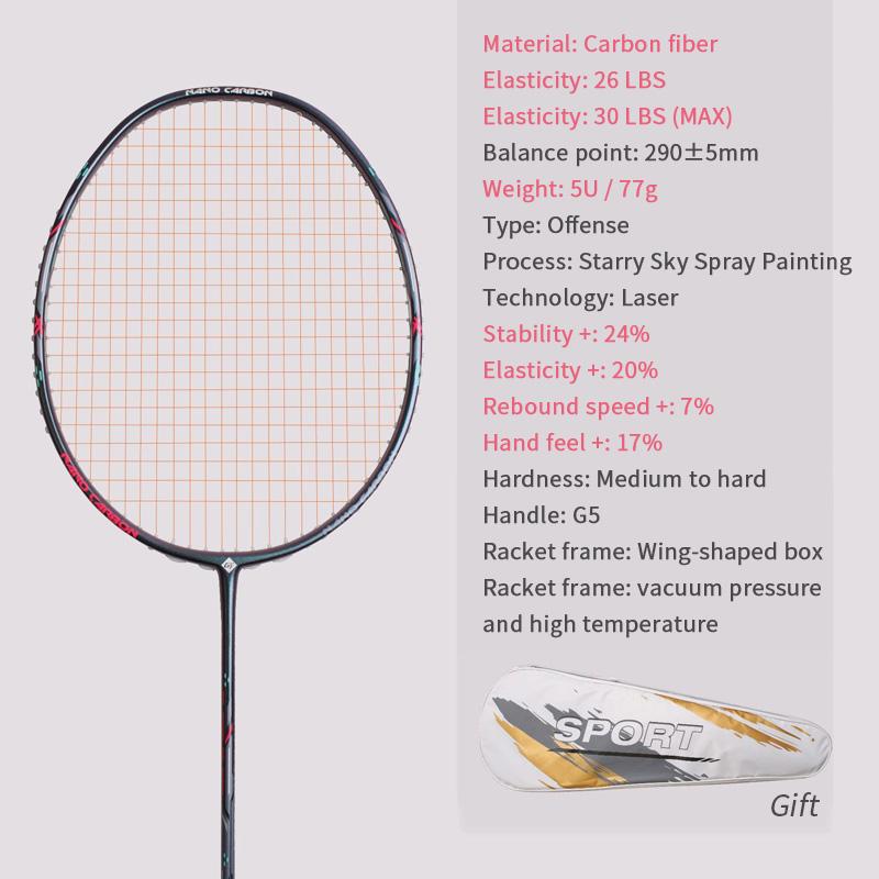Raquete de badminton 28LBS fibra de carbono homem mulher adulto alta elasticidade durável principal Ataque raquete defesa Nível de competição