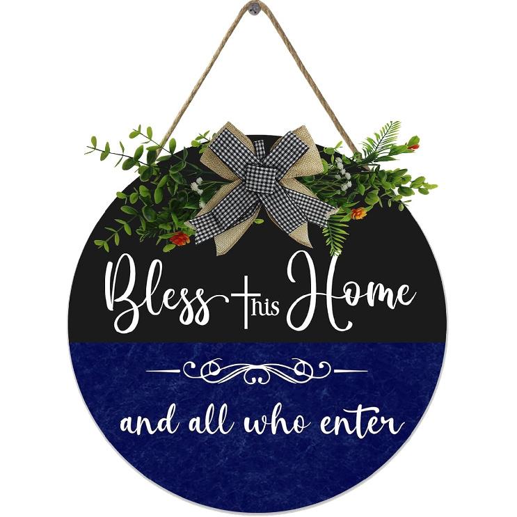 Front Door Blessed Wreaths Bless This Home and All Who Enter, Funny Welcome Wall Hanging Sign Plaque, for Front Door Entryway Porch House Decorations
