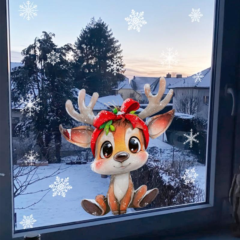 Christmas Deer Snowflake Window Decal Set PVC Static Cling Decor Home Kitchen Bathroom Shop Display