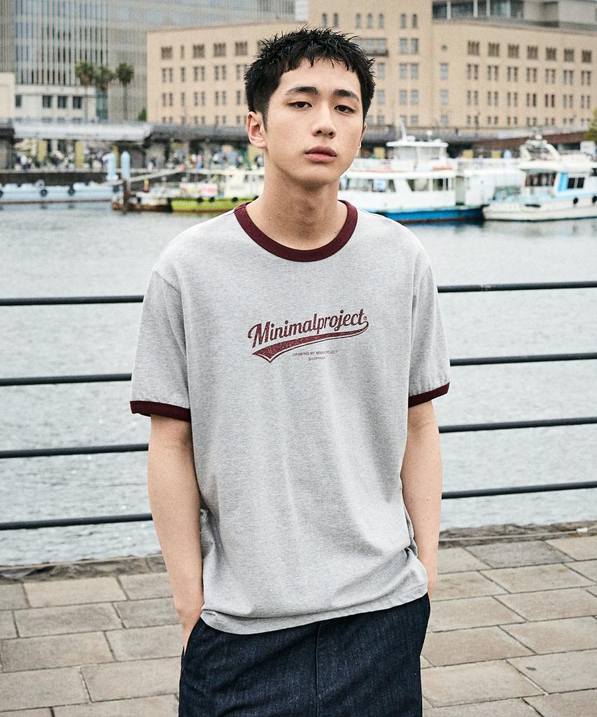 MINIMALPROJECT Washed Drawing Ringer Short Sleeve T-Shirt Mst185 [Gray/Wine]