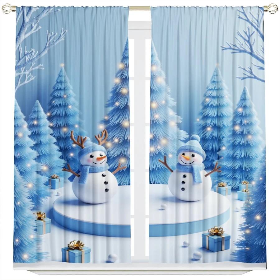 Set Of 2 Snowy Tree Snowman Printed Curtain Voile Christmas Window Decor Home Made Polyester With Rod Pocket