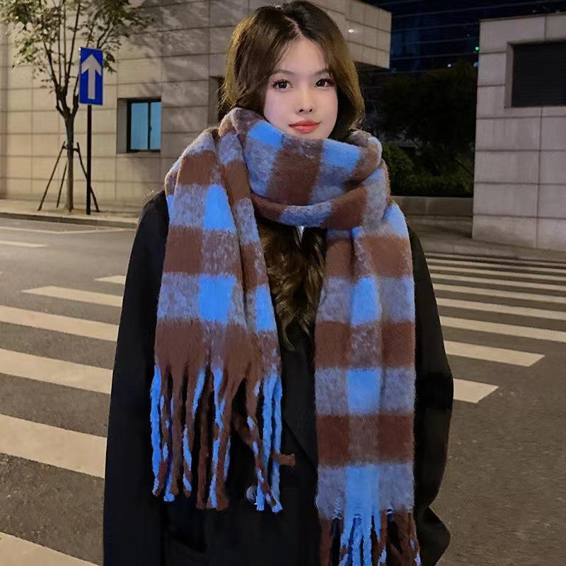 Korean Style Women's Winter Mohair Scarf - Versatile Khaki Plush Neck Warmer