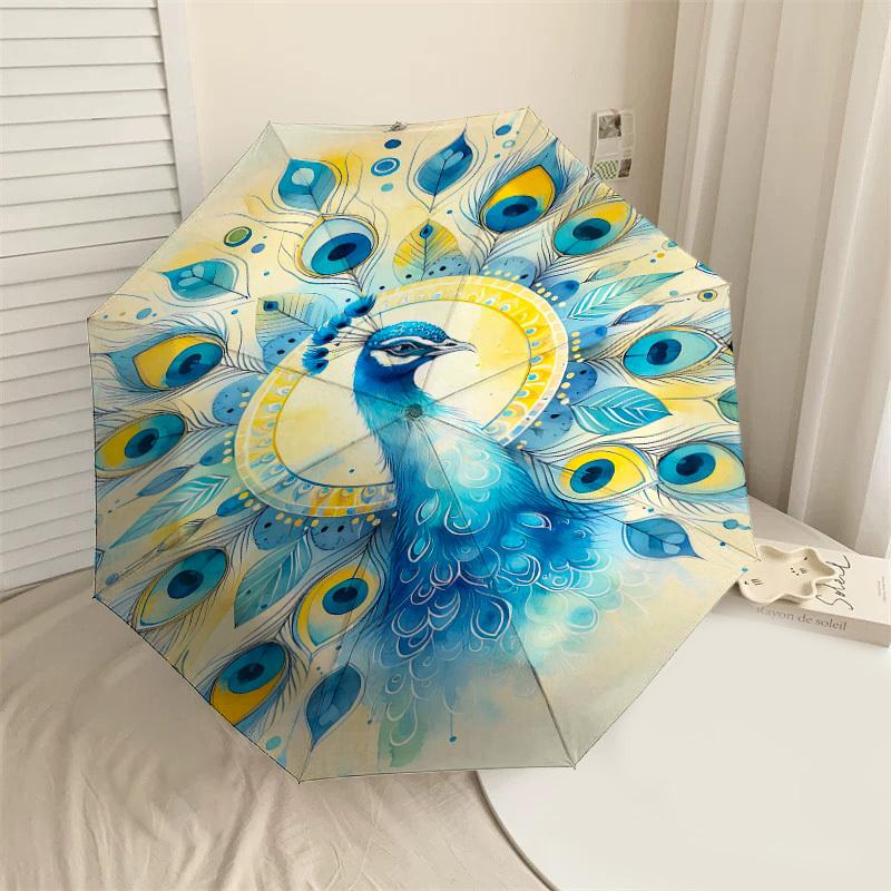 

1PC Peacock Feathers Automatic Open/Close Umbrella Compact Folding Umbrella with 8-Rib Shaft lightweight esign, Fashion Lovers1250A