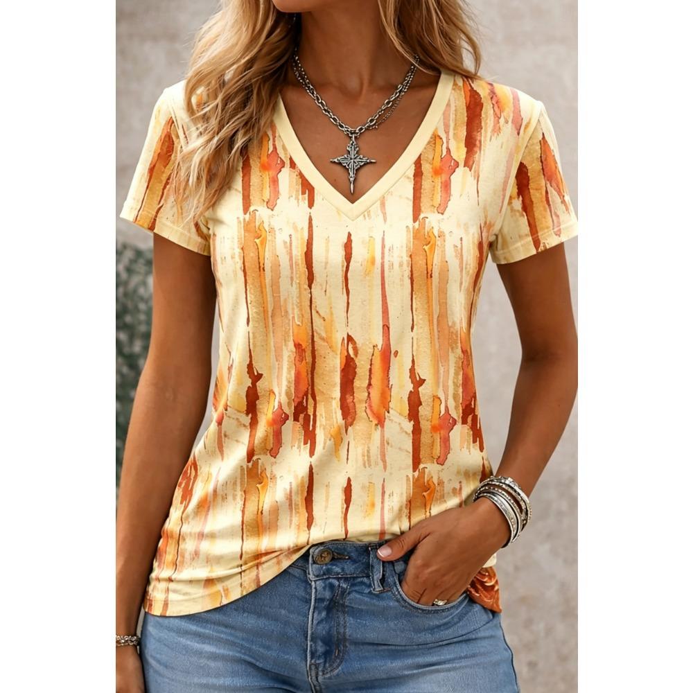 2025 Ethnic Women's T-Shirt Vintage Flower Graphics Fashion Short Sleeved V-Neck Regular