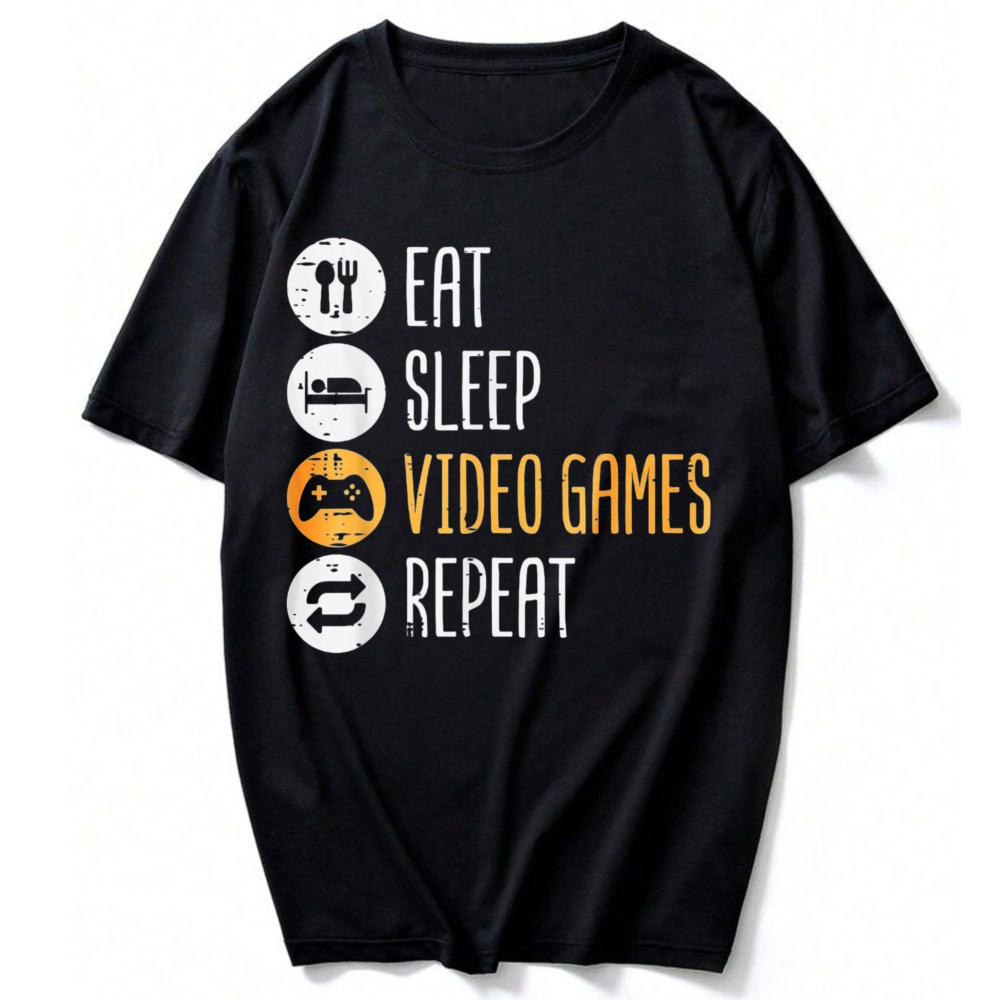 Eat Sleep Video Games Repeat Gaming Gamer Unisex Boys Teen Tshirt Funny Outdoors Summer High Quality Cotton Shortsleev Tees Top