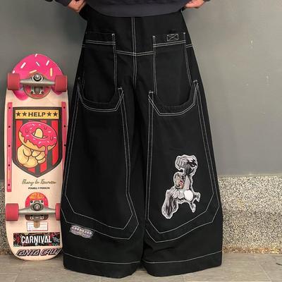Unisexové dámské džíny Y2k Oversized Black, vintage široké nohavice s výšivkou, grunge hip hopový styl, streetwear, pytlovité džíny