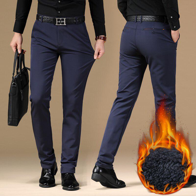 S Winter Thick Classic Men Business Casual Pants Solid Color Stretch Fleece Warm Brand Trousers Male