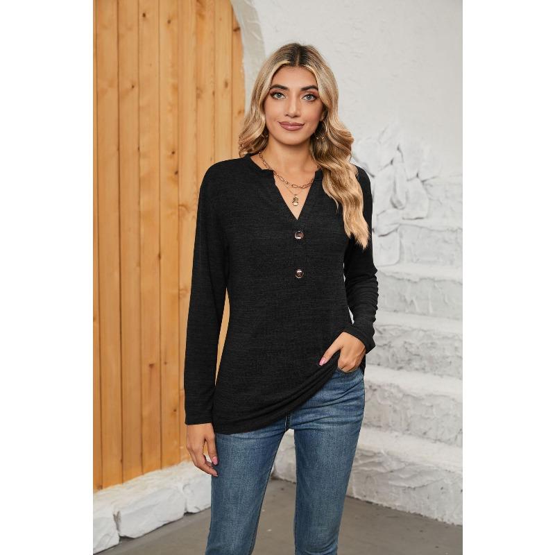 HNXC Bluzki i koszule damskie w swobodnym, jednolitym kolorze, z nadrukiem i długim rękawem, z dekoltem w serek