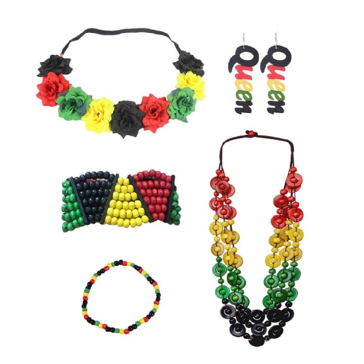 Rastafarian Women's Jewelry Set Juneteenth Jamaica African Accessories Headband,Sunglasses,Wood Dangle Earrings,Necklace