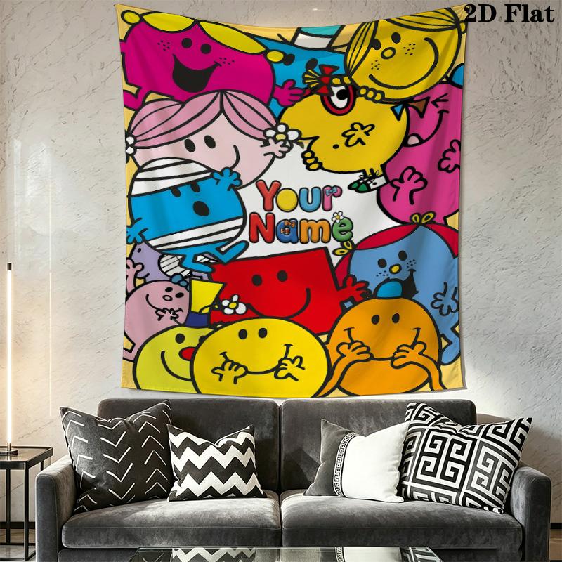 Mr. Men Little Miss Custom Name Wall Tapestry Aesthetic Wall Hanging Printed Fabric Blanket Decorative Tapestries for Bedroom Living Room Home Decor