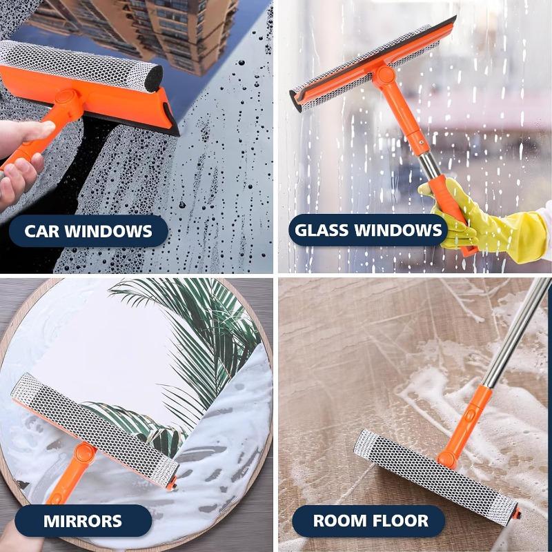 Professional Window Squeegee,2 In 1 Squeegee Window Cleaner with Long Stainless Steel Handle,Sponge Car Window Squeegee for Gas Station