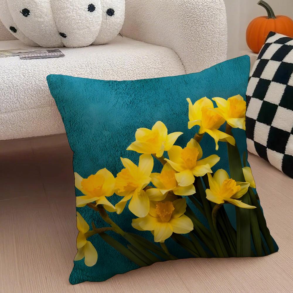 Warm bright yellow Daffodil Narcissus flowers Cushion Cover Throw Pillow Cover Hidden Button Durable Polyester Chair Cushion